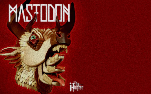 HD PC desktop wallpaper featuring Mastodon's fierce, stylized creature design with bold text on a deep red background, capturing the band's intense musical vibe.