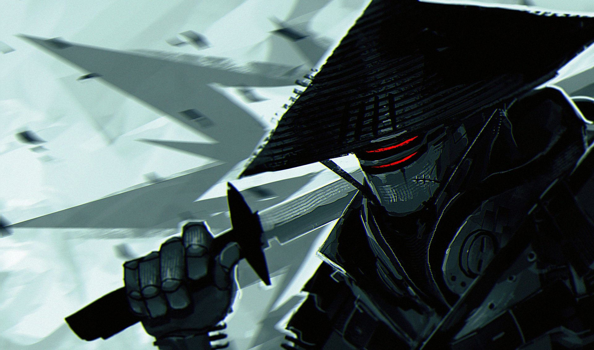 A sci-fi warrior with glowing red eyes holds a dagger, set against a fragmented, high-definition PC desktop wallpaper background.