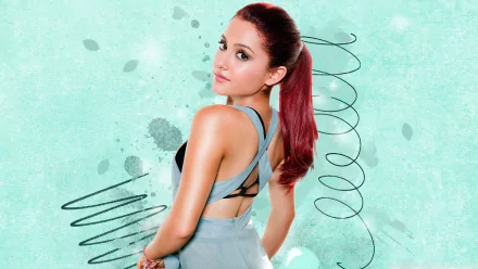 Ariana Grande poses confidently in a stylish outfit against a mint green background, creating a vibrant HD desktop wallpaper.