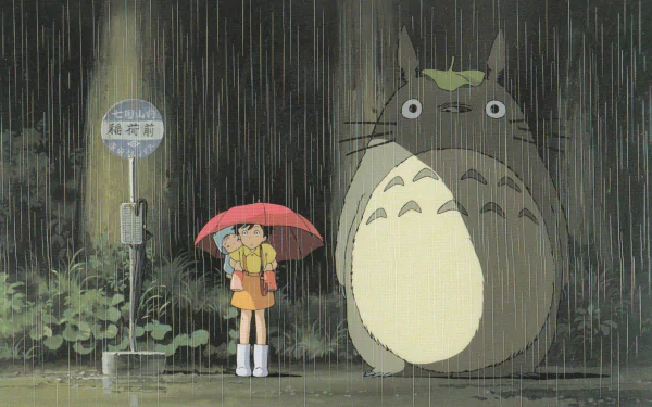 Satsuki and Mei Kusakabe stand under an umbrella beside Totoro in a rain-soaked forest scene from My Neighbor Totoro, captured in this vibrant HD wallpaper.