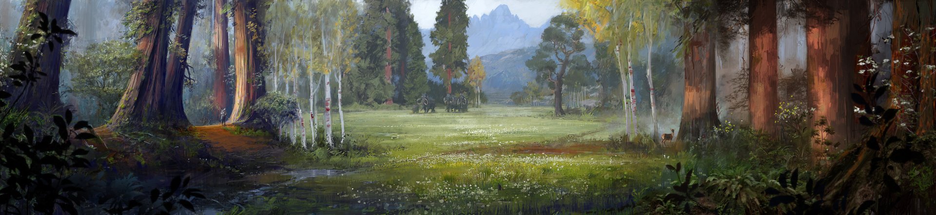 A tranquil landscape featuring lush greenery, tall trees, and distant mountains, inspired by the video game Far Cry Primal, presented as a 4K Ultra HD wallpaper.