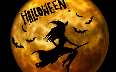 A silhouette of a witch riding a broom against a glowing full moon, surrounded by bats, captures the spooky essence of Halloween in a vibrant HD desktop wallpaper.
