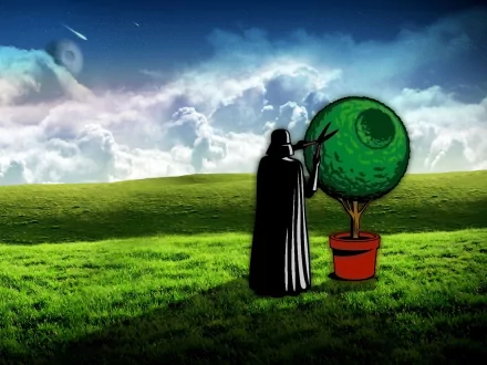 HD desktop wallpaper featuring Darth Vader playfully trimming a bush shaped like the Death Star, set against a serene, lush green field and a cloudy sky.