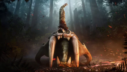 HD wallpaper featuring a dramatic scene from the video game Far Cry Primal, depicting a large, ancient animal skull in a dimly lit forest.