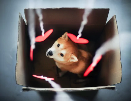 A cute Shiba Inu looks up from inside a box surrounded by glowing red heart shapes, creating a warm, loving atmosphere in this HD desktop wallpaper.