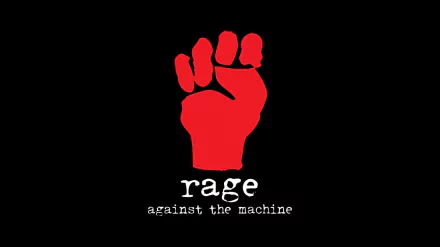 A striking HD desktop wallpaper featuring a bold red raised fist symbolizing defiance, accompanied by the text rage against the machine on a black background.