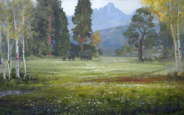 A tranquil landscape featuring lush greenery, tall trees, and distant mountains, inspired by the video game Far Cry Primal, presented as a 4K Ultra HD wallpaper.