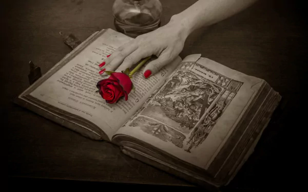 A hand with striking red nails rests gently on an old, open book, adorned with a vibrant rose, creating a striking contrast in this selective color artwork.