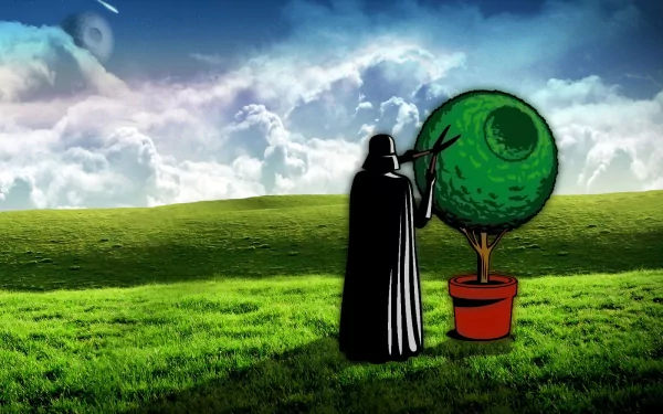 HD desktop wallpaper featuring Darth Vader playfully trimming a bush shaped like the Death Star, set against a serene, lush green field and a cloudy sky.