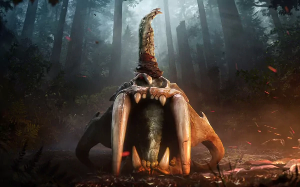 HD wallpaper featuring a dramatic scene from the video game Far Cry Primal, depicting a large, ancient animal skull in a dimly lit forest.