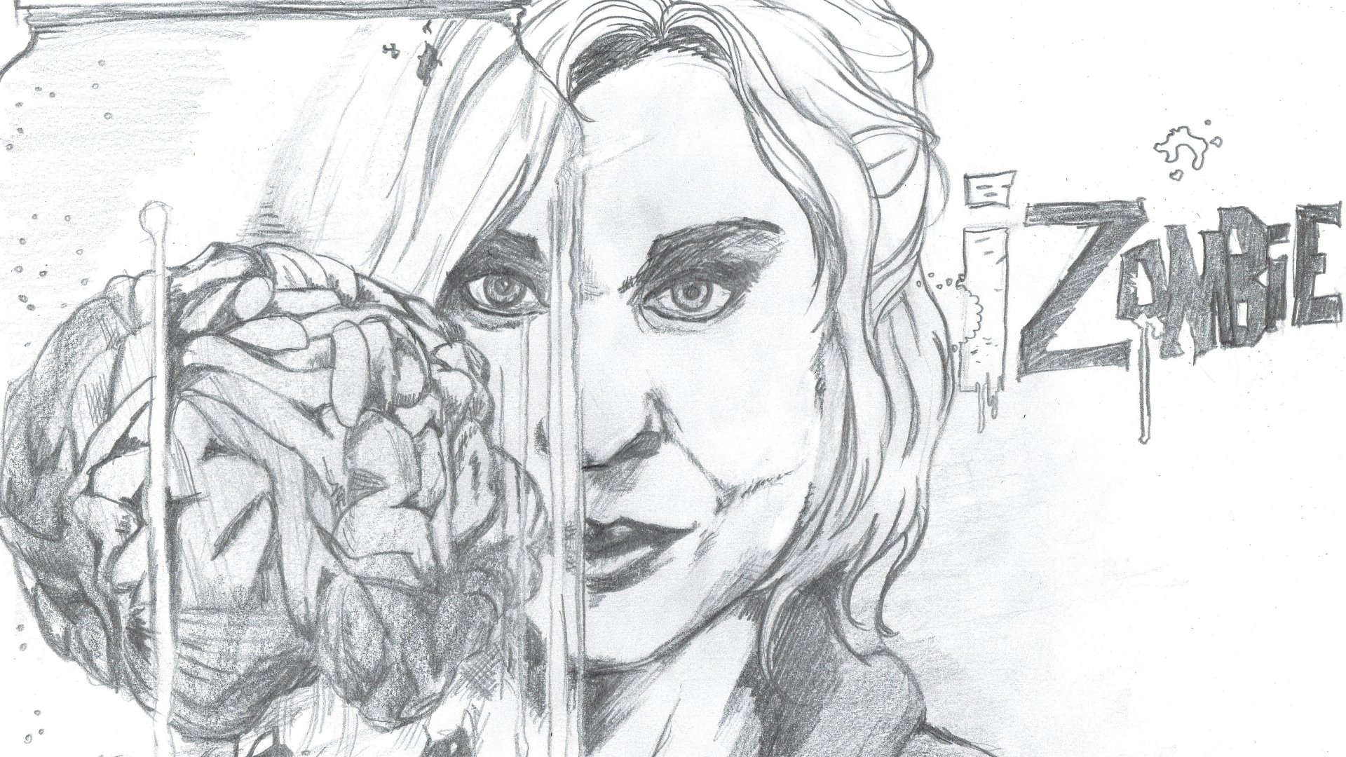 Pencil sketch 4K Ultra HD PC desktop wallpaper for TV show iZombie: split portrait of a woman with a dripping brain on one side and graffiti-style iZombie logo.