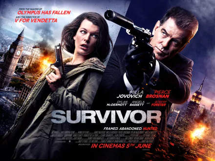 4K Ultra HD wallpaper featuring Milla Jovovich and Pierce Brosnan from the 2015 movie Survivor, set against an action-packed urban backdrop with fiery explosions.