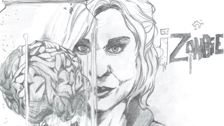 Pencil sketch 4K Ultra HD PC desktop wallpaper for TV show iZombie: split portrait of a woman with a dripping brain on one side and graffiti-style iZombie logo.