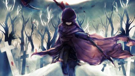 A dramatic HD desktop wallpaper featuring Ruby Rose from RWBY, shrouded in a cloak, standing in a haunting graveyard with bare trees and a somber atmosphere.