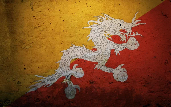 HD desktop wallpaper featuring the flag of Bhutan with its distinctive white dragon on a textured yellow and orange background.