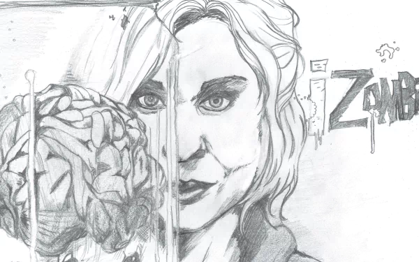 Pencil sketch 4K Ultra HD PC desktop wallpaper for TV show iZombie: split portrait of a woman with a dripping brain on one side and graffiti-style iZombie logo.