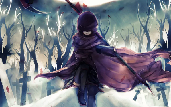 A dramatic HD desktop wallpaper featuring Ruby Rose from RWBY, shrouded in a cloak, standing in a haunting graveyard with bare trees and a somber atmosphere.