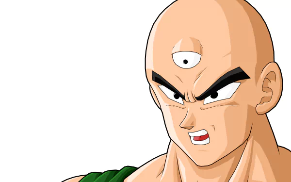 Close-up illustration of Tien Shinhan from Dragon Ball, showcasing his distinctive three-eyed appearance. This HD wallpaper captures the essence of the beloved anime character.