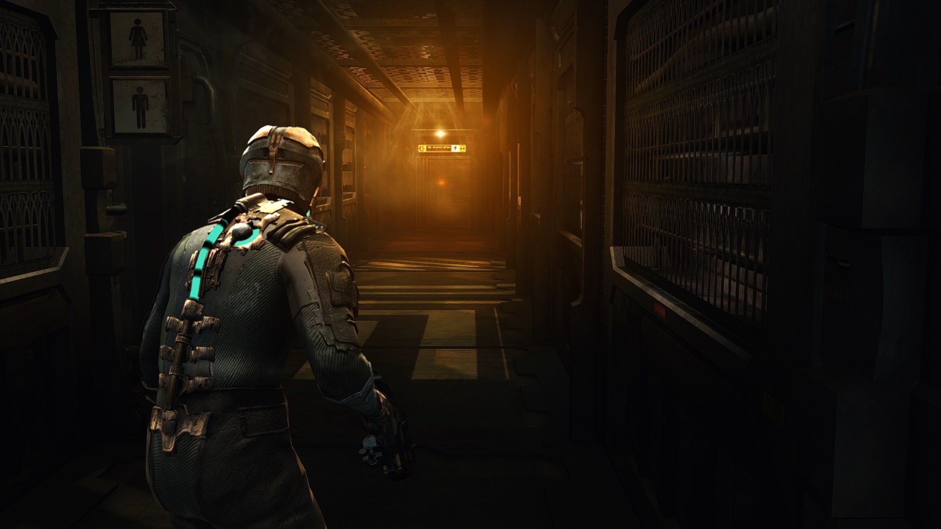 HD PC desktop wallpaper featuring a scene from the video game Dead Space, showcasing a lone armored figure in a dark, eerie corridor illuminated by warm light.
