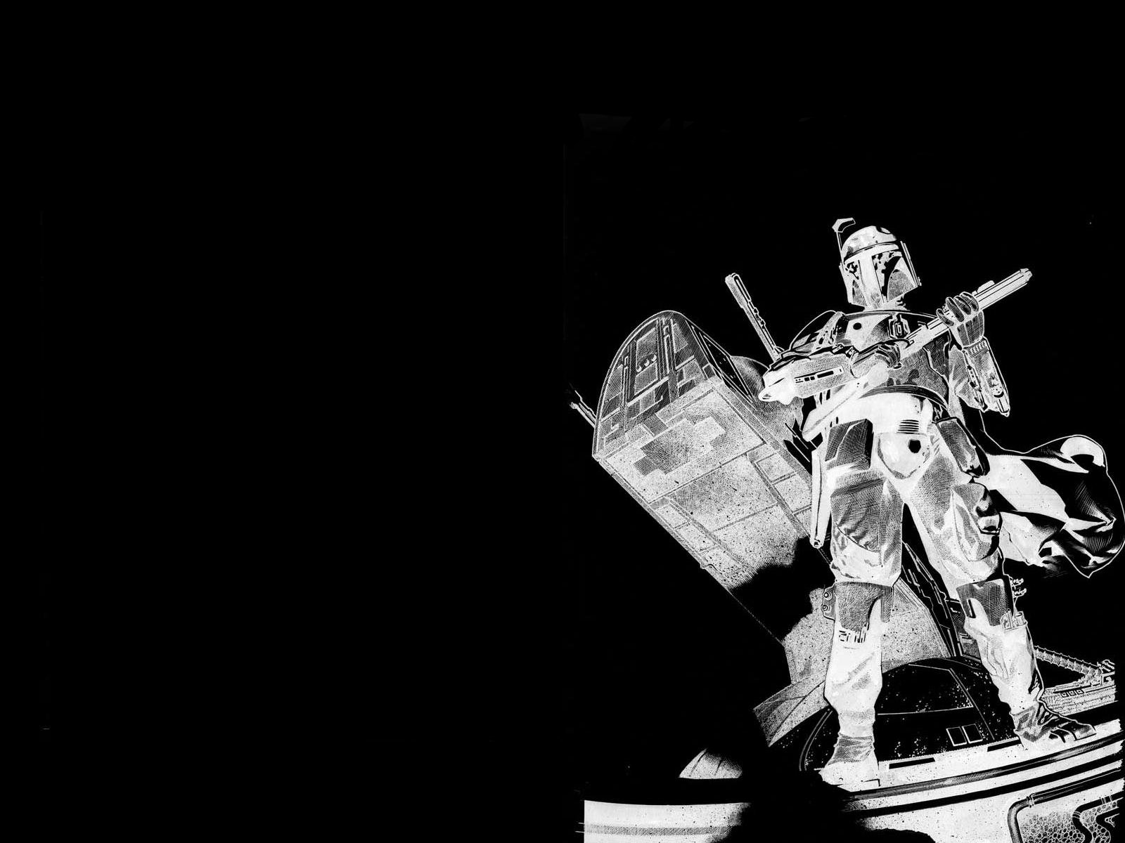 Black and white HD desktop wallpaper featuring Star Wars bounty hunter Boba Fett in detailed armor standing with a weapon against a dark background.