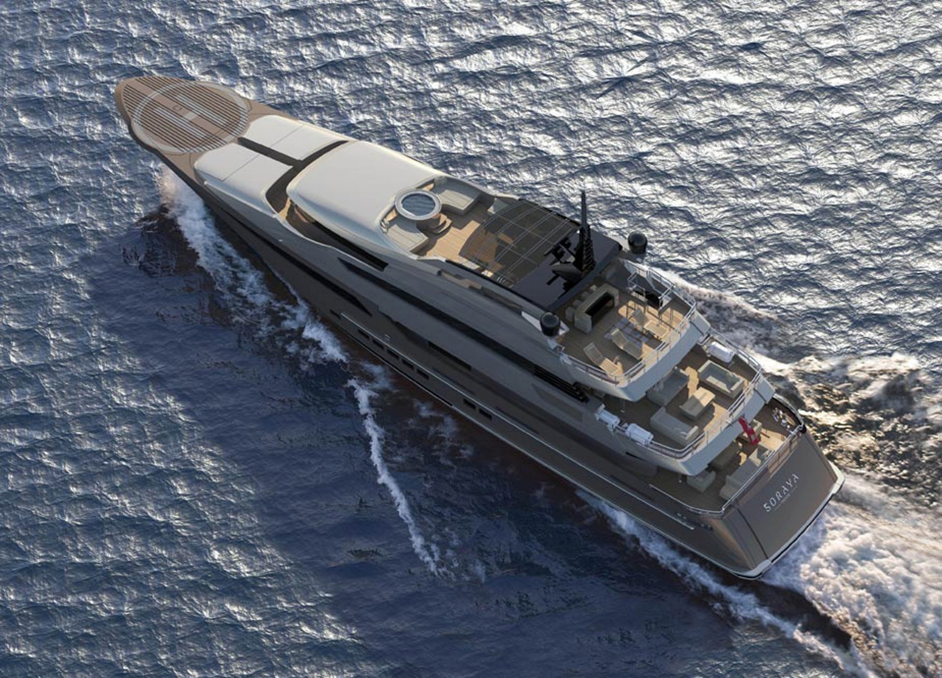 Aerial view of a luxury motor yacht cruising over sun-glittered sea — 5K Ultra HD PC desktop wallpaper and background.