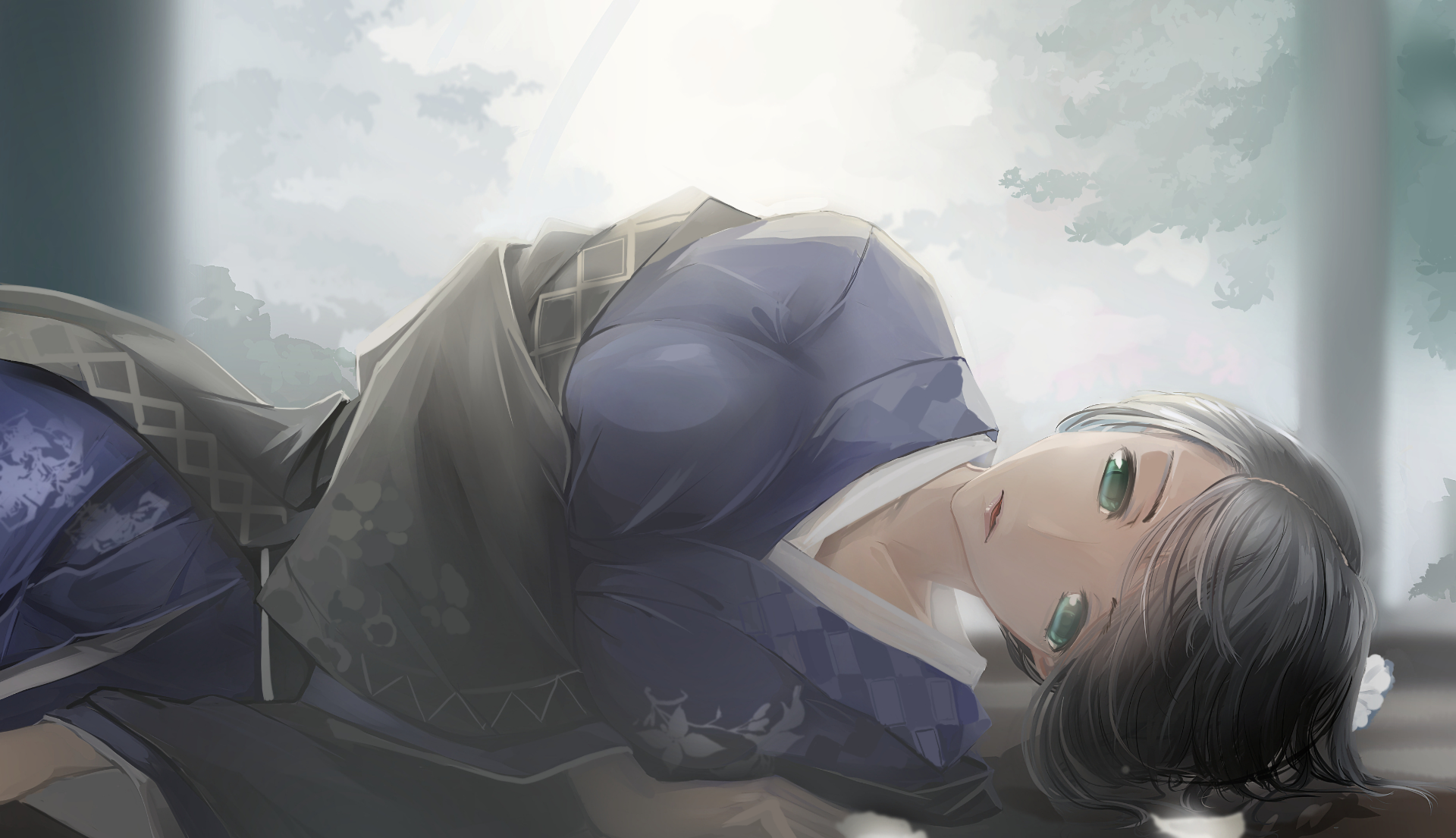 Anime-style original HD desktop wallpaper featuring a character with silver hair and green eyes lying down against a soft, cloudy background.
