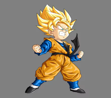 HD desktop wallpaper featuring Goten from Dragon Ball Z in his Super Saiyan form. The anime character shows power with clenched fists and golden hair against a gray background.