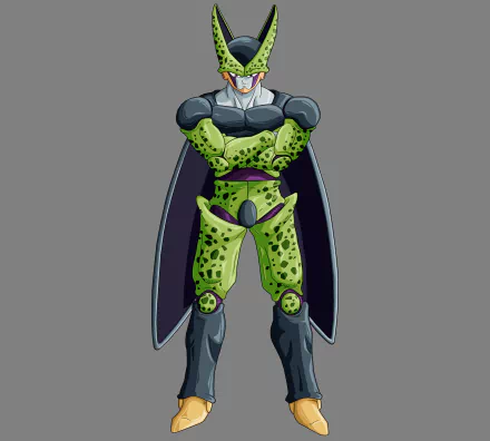 Cell from Dragon Ball Z stands confidently, showcasing his signature green and black design. This vibrant 4K Ultra HD wallpaper captures the essence of this iconic anime character.