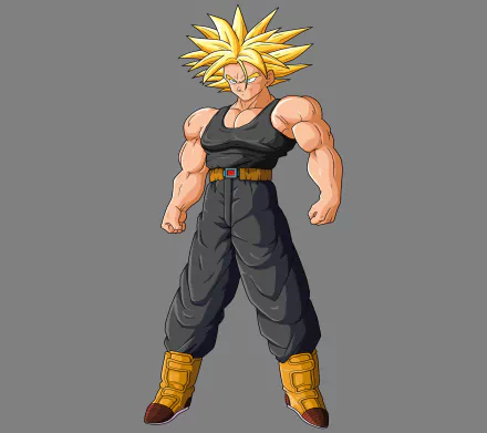 Trunks from Dragon Ball Z stands confidently in Super Saiyan 2 form, showcasing his muscular physique in a black tank top and pants, set against a gray background.