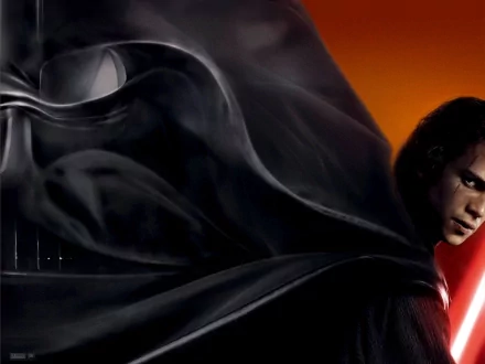 HD desktop wallpaper featuring Hayden Christensen as Anakin Skywalker transitioning to Darth Vader in Star Wars, with a dramatic red and orange background.