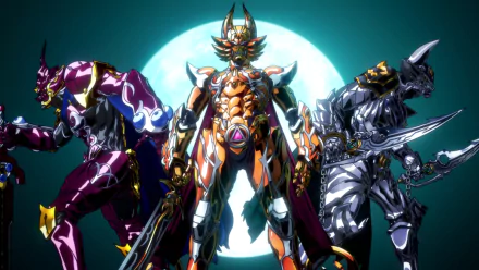 Three Makai Knights from Garo: The Animation stand defiantly, showcasing their intricate armor against a luminous backdrop, capturing the essence of the series' dynamic storytelling.