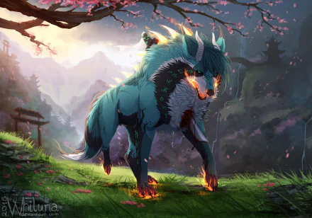A stunning HD fantasy wallpaper featuring a majestic wolf with glowing elements, set against a mystical landscape of mountains and blossoming trees.