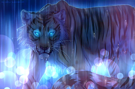 HD fantasy desktop wallpaper featuring a luminous tiger with glowing blue eyes against a vibrant, mystical background of light and color.