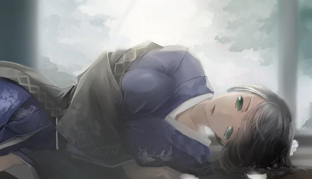 Anime-style original HD desktop wallpaper featuring a character with silver hair and green eyes lying down against a soft, cloudy background.