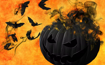 A striking Halloween wallpaper featuring a dark, carved pumpkin surrounded by swirling orange smoke and flying black bats against a fiery orange background.