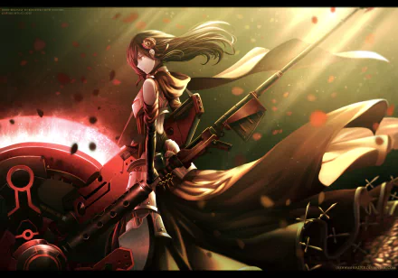HD desktop wallpaper featuring Ruby Rose from RWBY, showcasing her standing in a dynamic pose with a weapon, surrounded by a vibrant and dramatic anime backdrop.