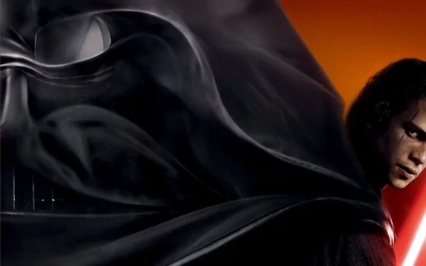 HD desktop wallpaper featuring Hayden Christensen as Anakin Skywalker transitioning to Darth Vader in Star Wars, with a dramatic red and orange background.