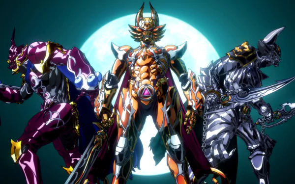 Three Makai Knights from Garo: The Animation stand defiantly, showcasing their intricate armor against a luminous backdrop, capturing the essence of the series' dynamic storytelling.