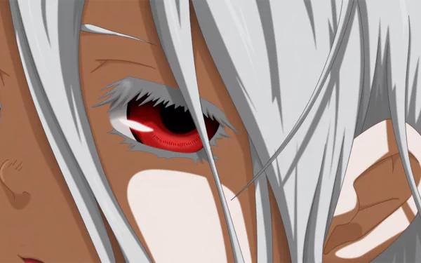 Close-up of Shiro from Deadman Wonderland, featuring her distinctive white hair and striking red eyes. This HD image serves as an engaging desktop wallpaper for anime fans.