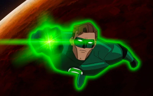 HD desktop wallpaper of Hal Jordan as Green Lantern from the animated movie Green Lantern: First Flight, glowing with green energy against a cosmic backdrop.