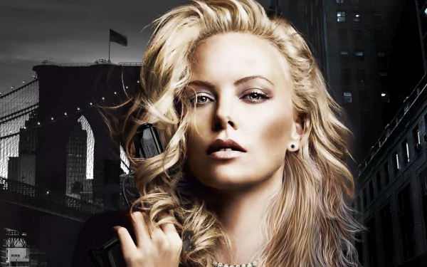 4K Ultra HD PC wallpaper featuring Charlize Theron with a mysterious expression, set against a dark cityscape, evoking themes of secret identity and intrigue.