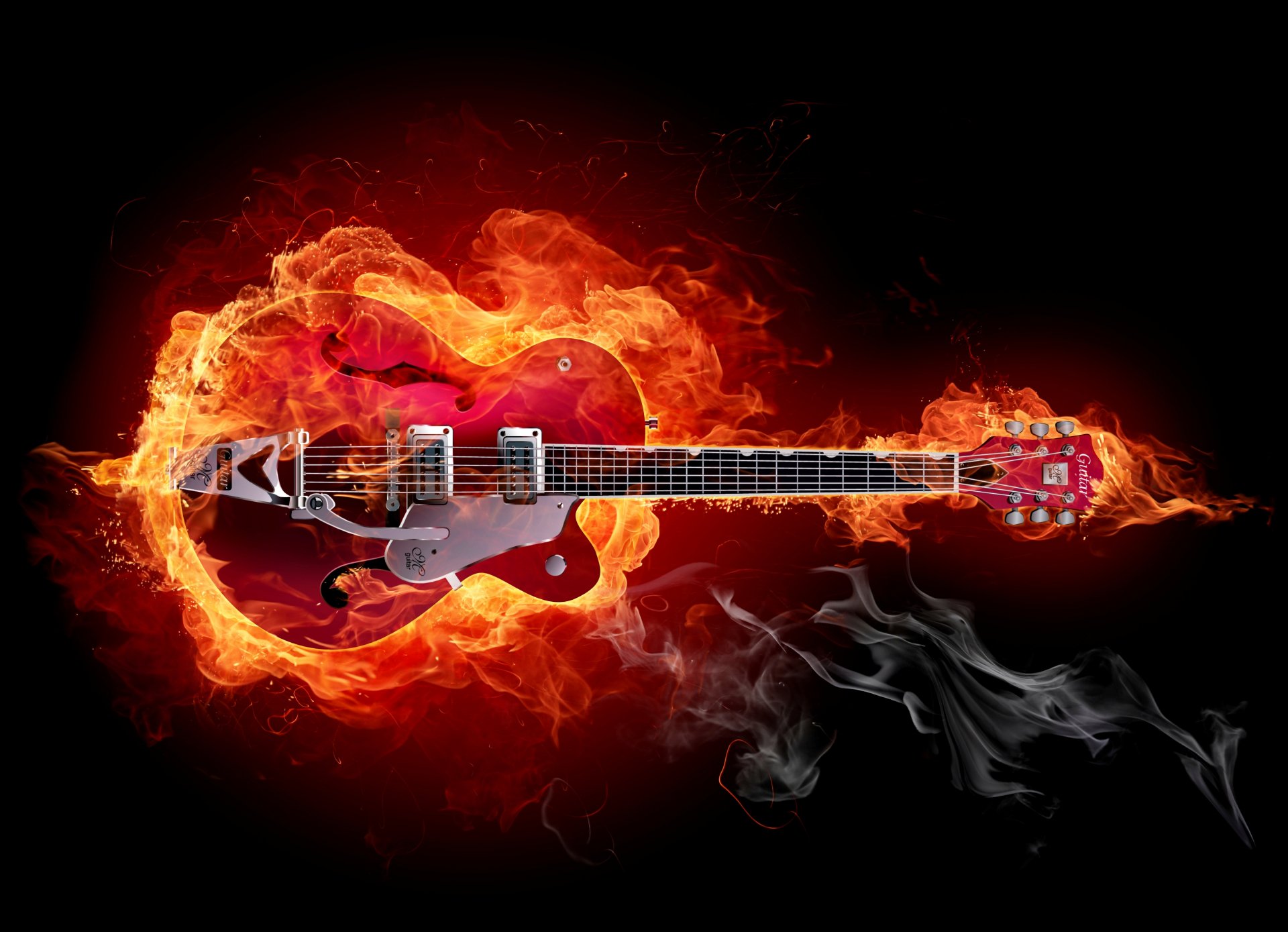 A vibrant HD wallpaper featuring a red guitar engulfed in flames against a dark background, capturing the essence of music and passion in a striking visual.