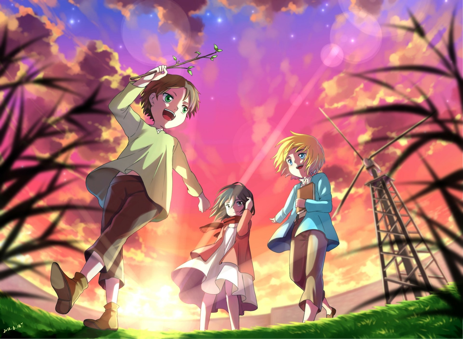 HD desktop wallpaper featuring Armin Arlert, Mikasa Ackerman, and Eren Yeager from Attack on Titan, set against a vibrant sunset backdrop with glowing skies and tall grass.