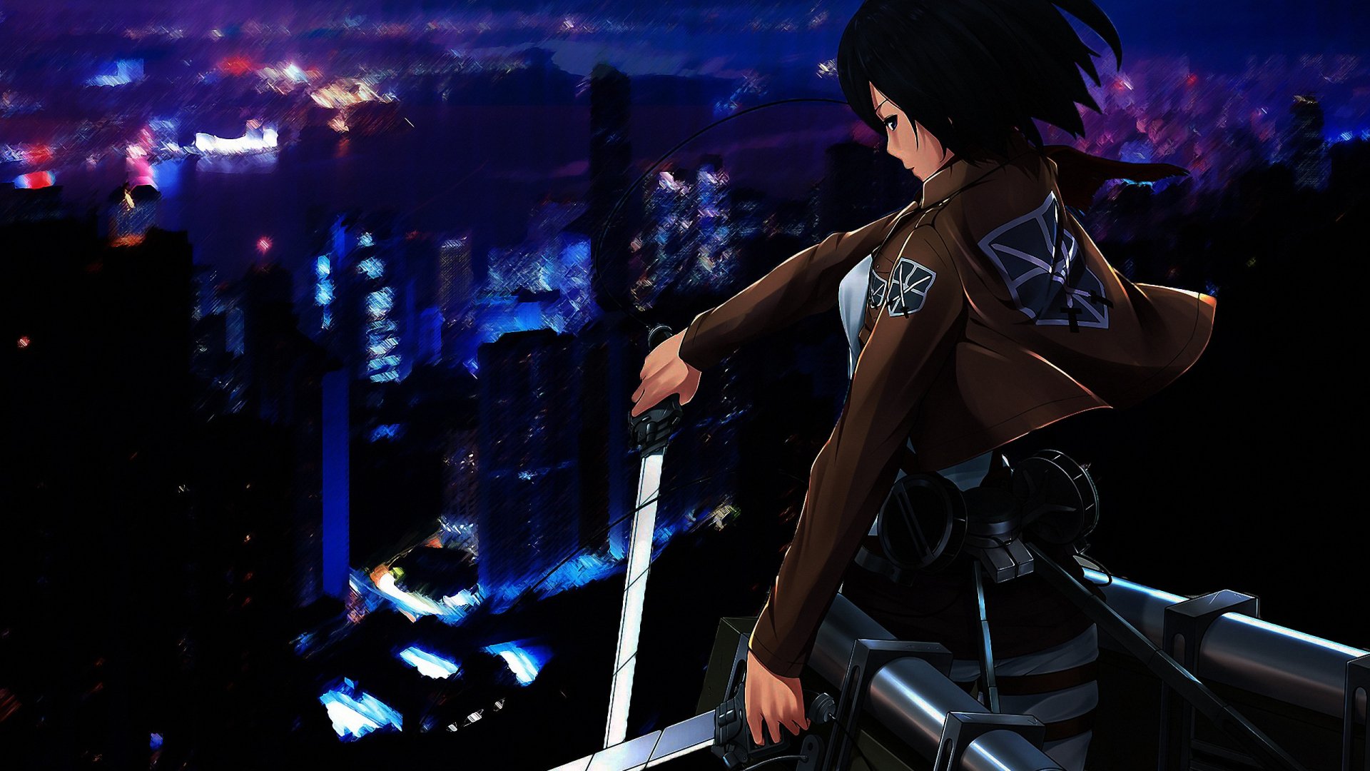 HD Wallpaper of Mikasa Ackerman: Fantasy Warrior in a Cityscape