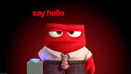 HD desktop wallpaper featuring Anger from the movie Inside Out with a red background and the phrase say hello in bold red text.