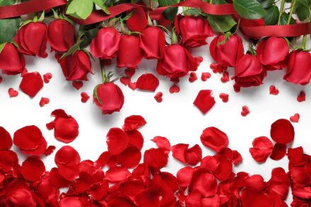 HD desktop wallpaper featuring a stunning display of red roses and petals. The flowers and scattered petals exude natural beauty, creating an eye-catching background.