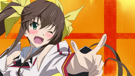 HD PC desktop wallpaper of an Infinite Stratos anime girl winking and reaching toward the viewer, yellow hair ribbons and white uniform set against a bold orange cross-pattern background.