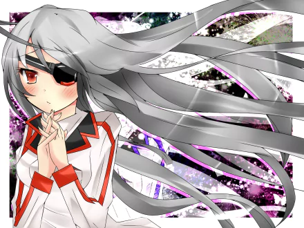 A dynamic HD wallpaper featuring Laura Bodewig from the anime Infinite Stratos, showcasing her silver hair and striking red eyes against an abstract background.