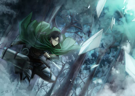 Levi Ackerman from Attack on Titan, in a dynamic pose. The anime-themed HD desktop wallpaper features a dark, misty forest background.