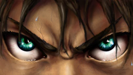 HD close-up wallpaper of Eren Yeager from Attack on Titan, showing his intense green eyes and angry expression.